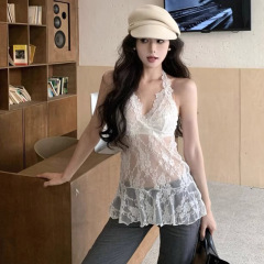 白色純欲鏤空蕾絲掛脖背心吊帶女春夏內搭打底無袖上衣