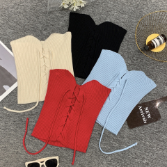 辣妹杏色綁帶針織抹胸背心女夏季修身內搭裹胸設計感美背打底上衣