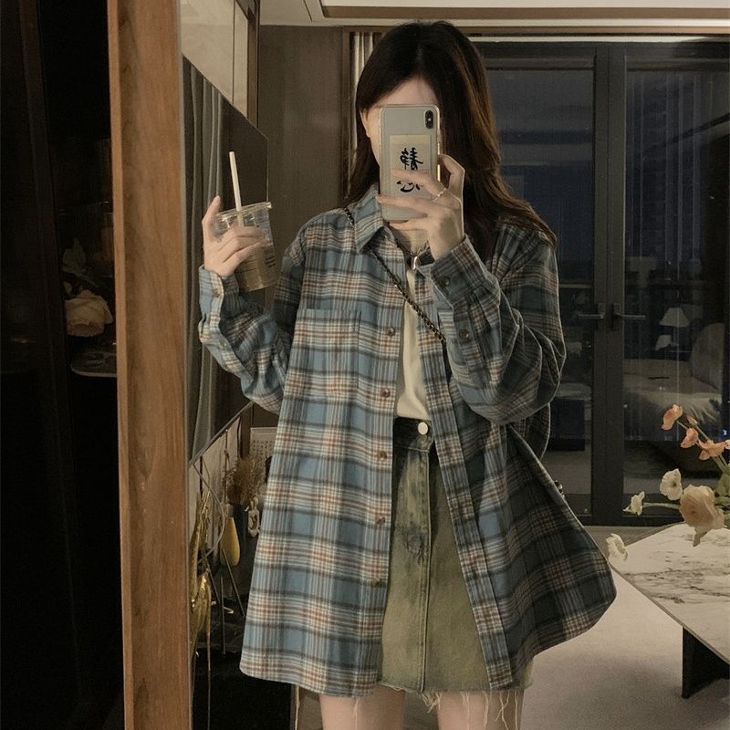 2025早秋新款復古格紋襯衫外套女寬鬆休閒顯瘦中長款情侶襯衣外穿