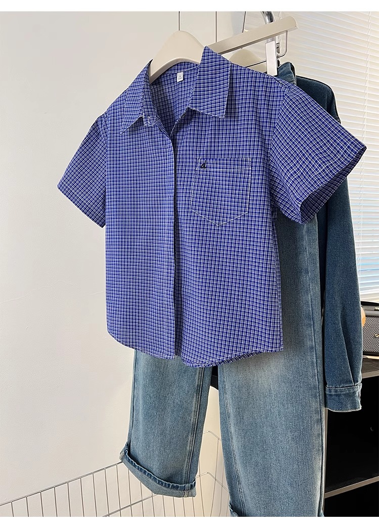 Blue plaid short-sleeved shirt women's cardigan summer 2025 new versatile niche shirt loose casual top trendy