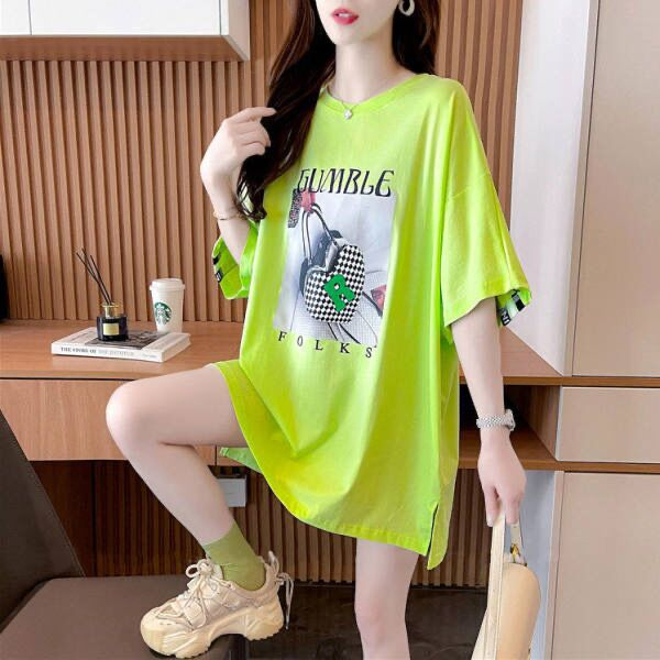 Pure cotton/rear collar/back webbing design hem slit loose short-sleeved T-shirt