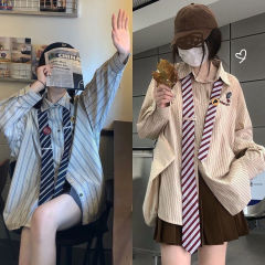 條紋襯衫女秋季新款學院風寬鬆古着vintage感學生領帶襯衣閨蜜裝