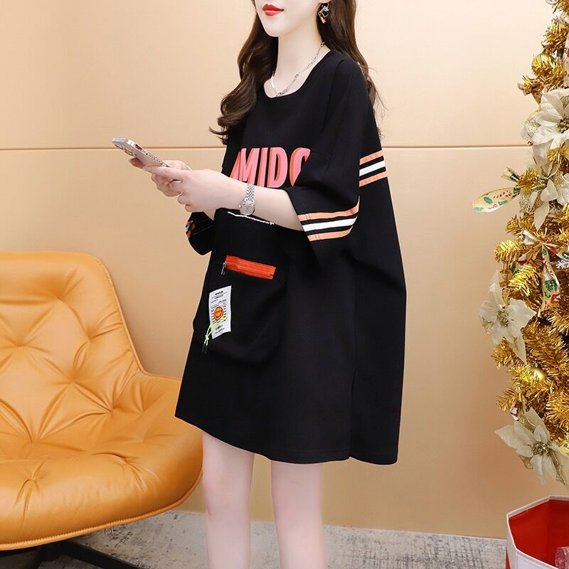 Pure cotton/rear collar/back webbing design zipper three-dimensional bag hem slit short-sleeved T-shirt