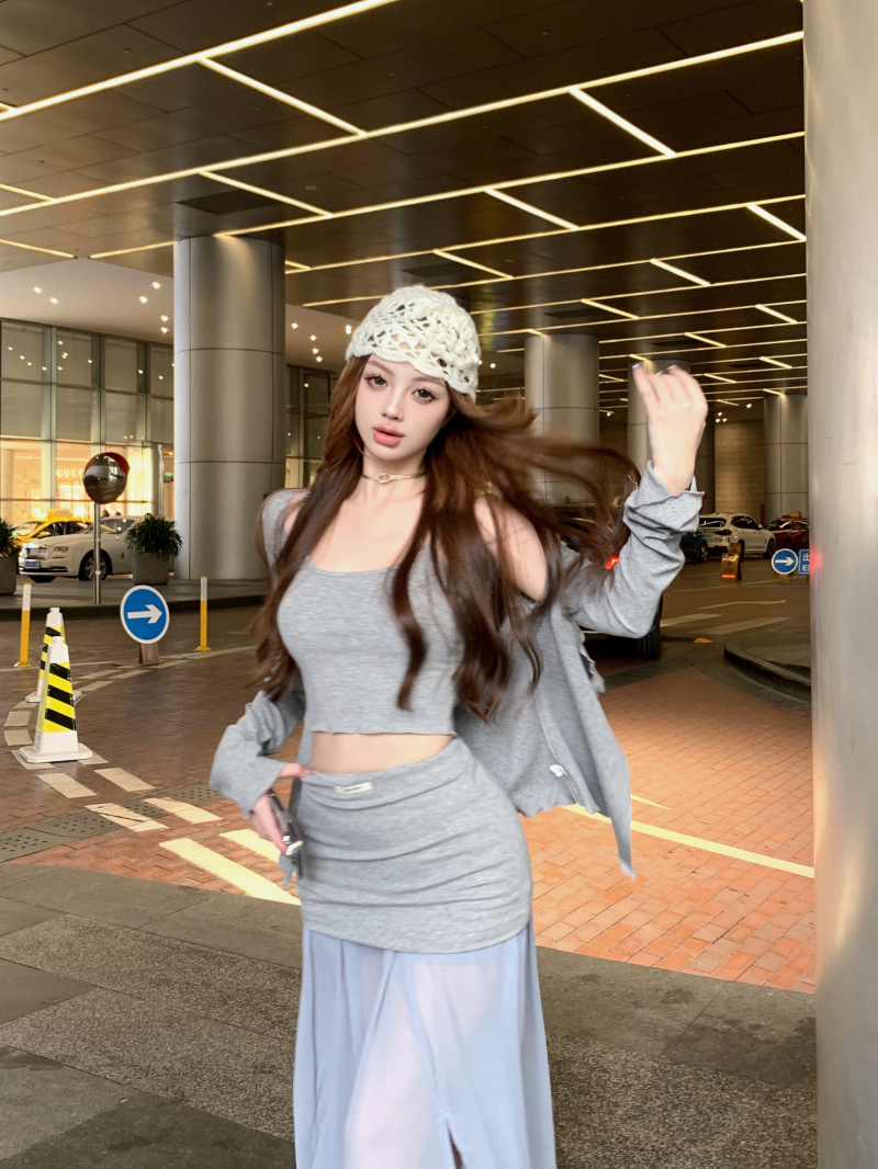 Real photos purely slim curly knitted small suspender slim cardigan chiffon tiny skirt hem short skirt suit