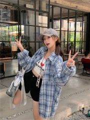 原版質量藍色格子襯衫外套女設計感高級氣質別致絕美長袖