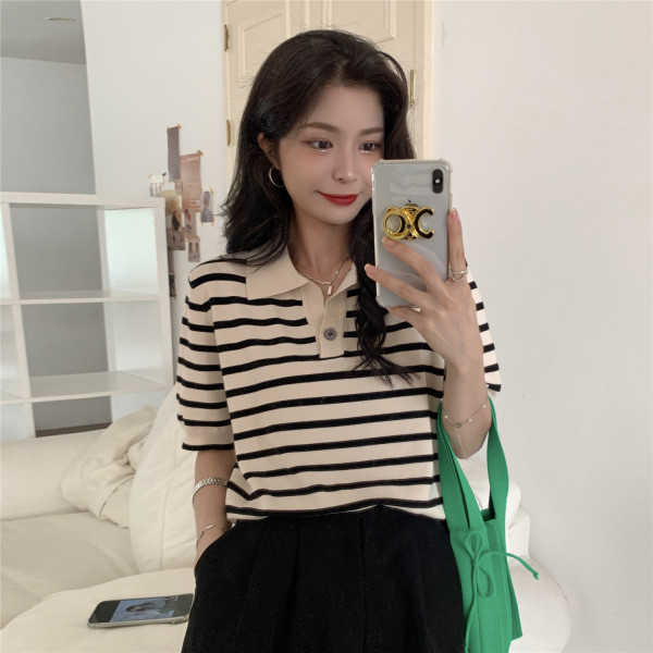 Striped T-shirt for women's summer POLO shirt 2025 new thin ice silk knitted versatile loose short-sleeved slim top