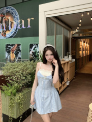 Real shot French suspender dress women's striped spliced ​​A-line shirt skirt skirt