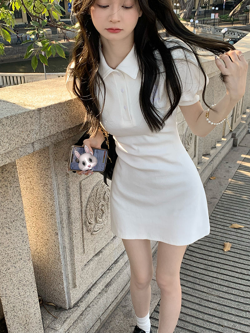 Puff sleeve dress for women, summer sweet cool college style hot girl polo collar waist-hugging and slim first love hip-pack skirt