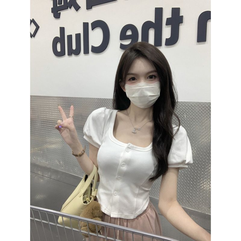 95 cotton quality sweet girl design short summer new square neck short sleeve women's top trendy ins