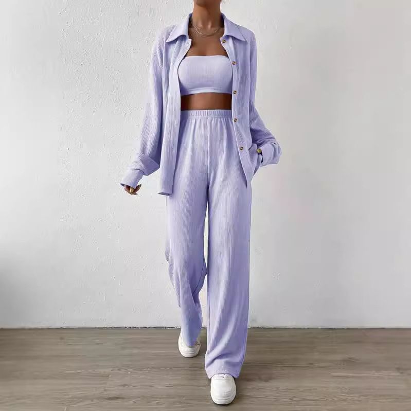 European and American Amazon autumn and winter TEMU new solid color button cardigan lapel casual fashion women two-piece set women