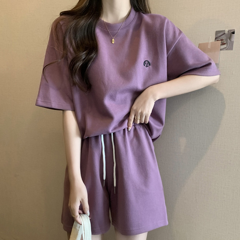 實拍休閒運動套裝女2025新款夏季寬鬆簡約大碼百搭短袖短褲兩件套