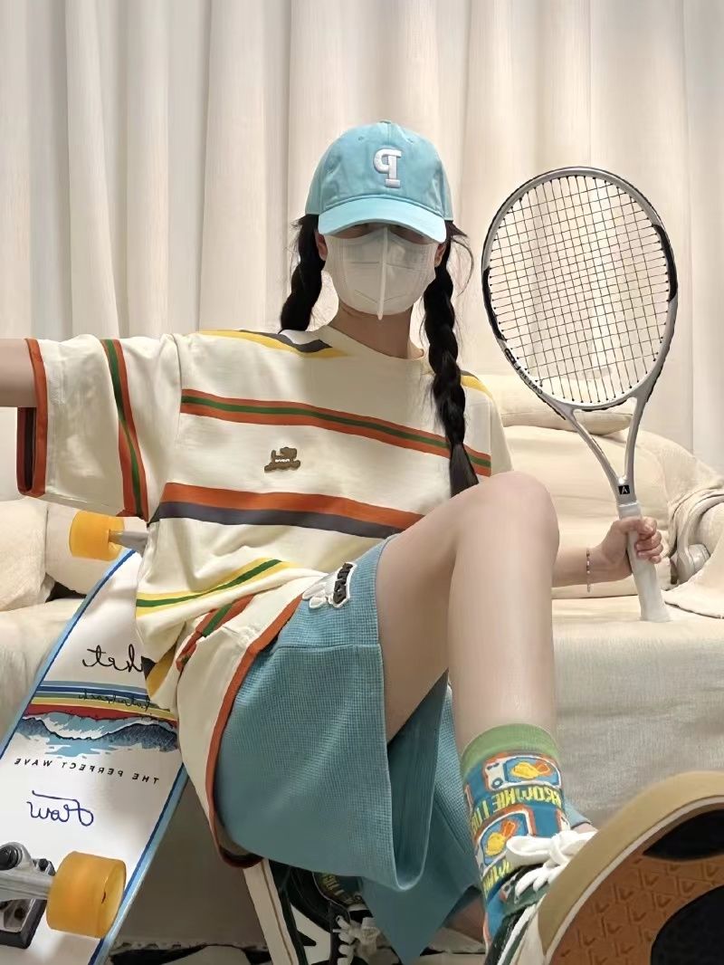 螺口領青春彩色條紋運動女短袖學院風圓領上衣潮