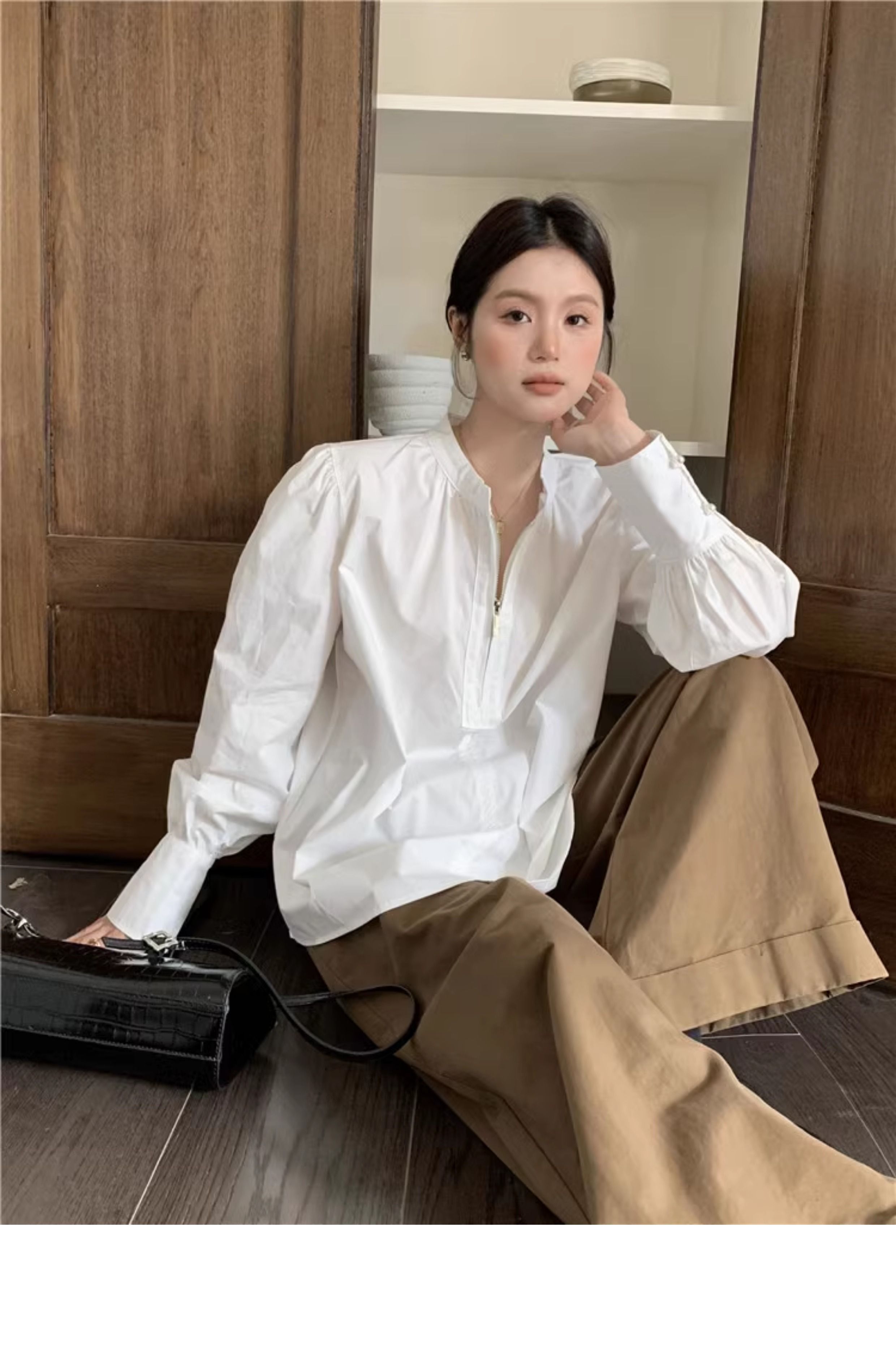 白色法式圓領襯衫女設計感小眾簡約顯瘦洋氣拉鏈泡泡袖打底上衣潮