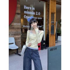 德絨 1*1黃色掛脖系帶假兩件正肩長袖T恤女