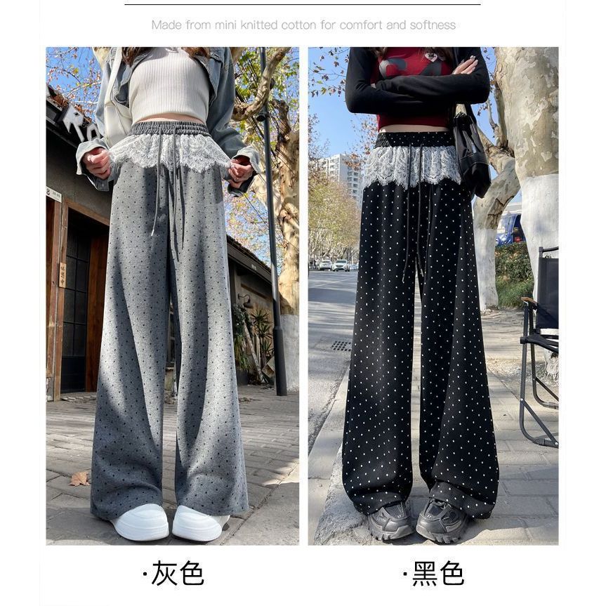 2025 summer ice silk polka dot lace spliced ​​lace pants for women's casual pants loose casual wide-leg floor trousers