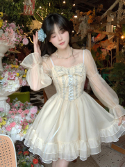 Blovelan Spring River Sweet Princess Dress with French Retro Lace Edge Embroidered Waist Cinch Belted Dress