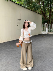 實拍~韓版顯瘦短款長袖薄款襯衫上衣+花邊直筒褲