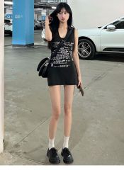 Ribbed sleeveless vest dress for women in summer sexy little hot girl