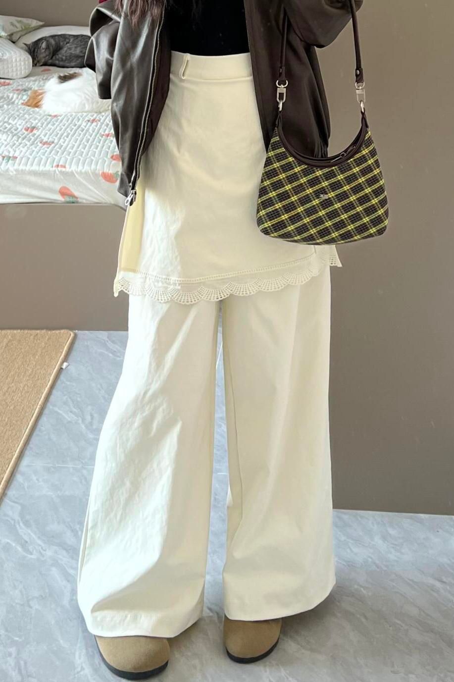 White niche fake two-piece lace spliced ​​straight-leg pants for women in summer high-waist loose wide-leg pants casual pants floor pants