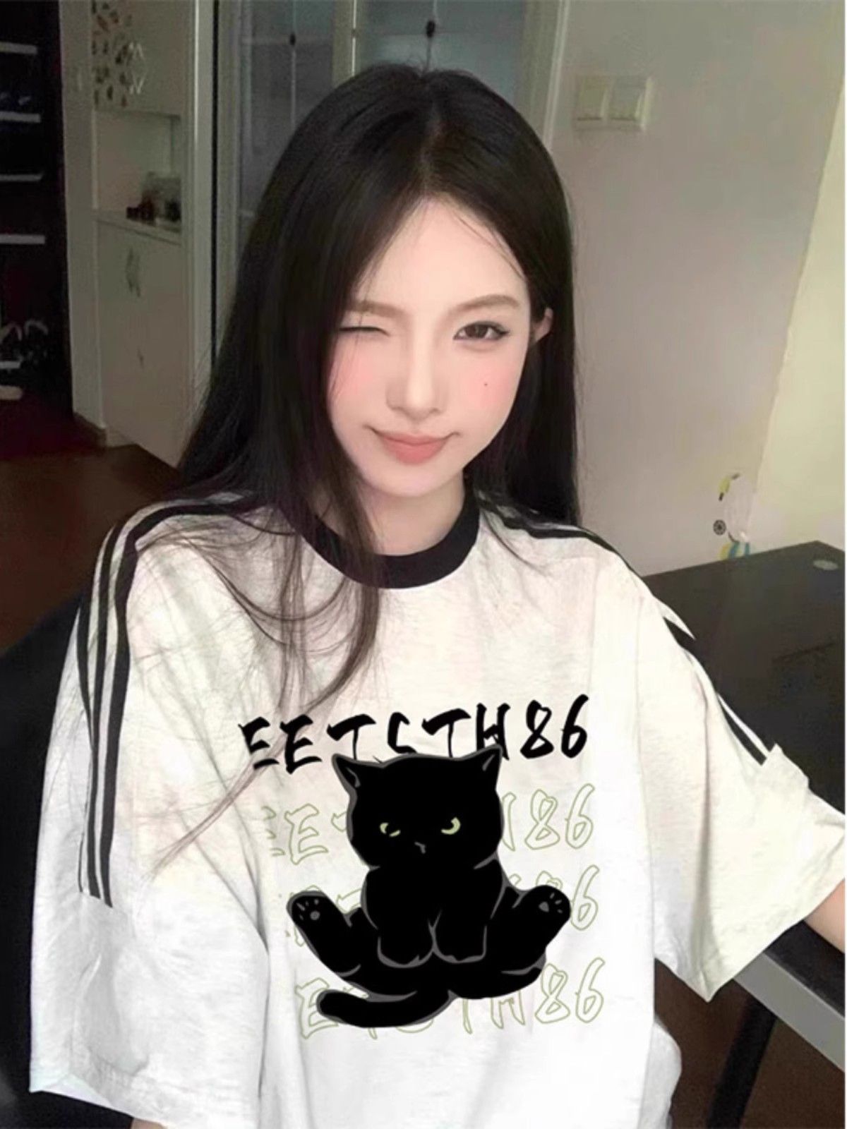 高質量純棉220克精梳緊密印花三條槓寬鬆大版落肩短袖恤女