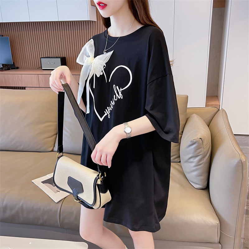 Real-life quality/pure cotton/rear collar/medium-length bow design short-sleeved T-shirt