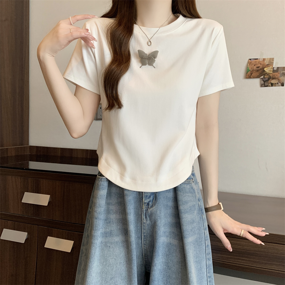 Real photo of new top 40 pure cotton 210g 92 cotton/8 spandex short-sleeved T-shirt for women with pin bow