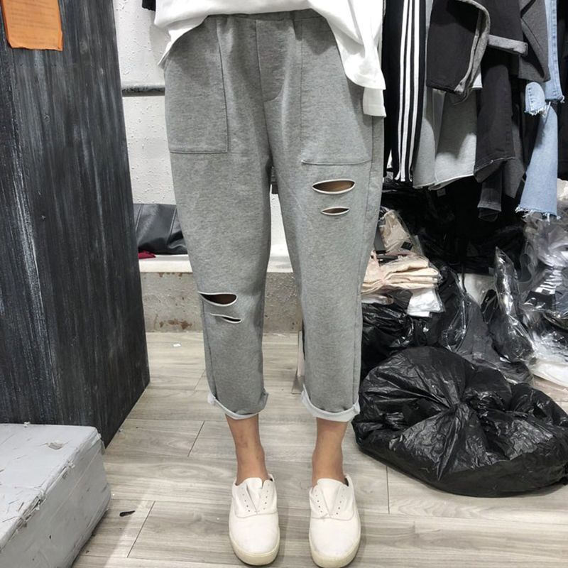 Fat mm hole casual pants women loose 200 catties large size summer straight tube sports pants hide hips slim Harem pants 