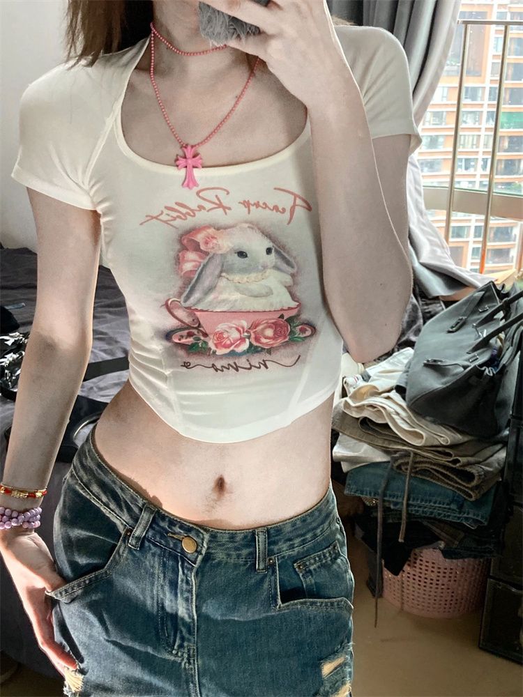 1*1莫代爾多巴胺茶杯兔印花短袖T恤女春夏季小個子辣妹內搭短上衣