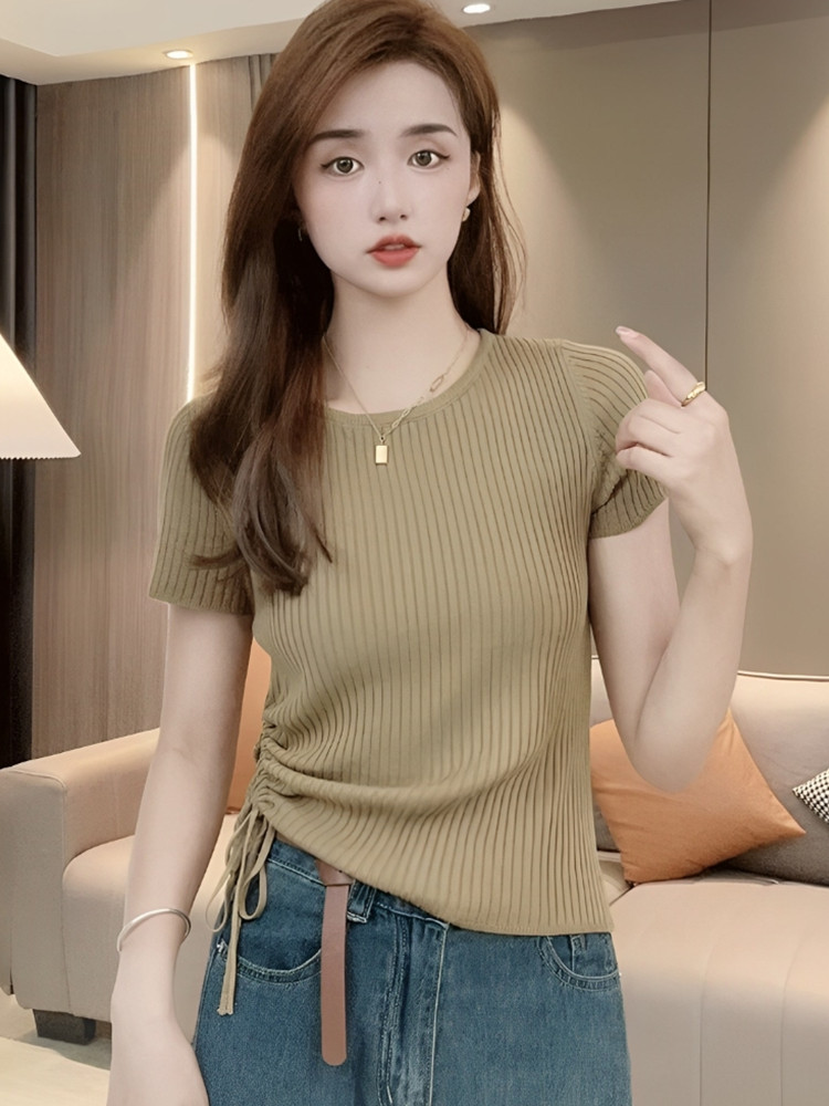 冰絲短袖t恤女2025新款夏季不規則抽繩修身顯瘦辣妹短款針織上衣