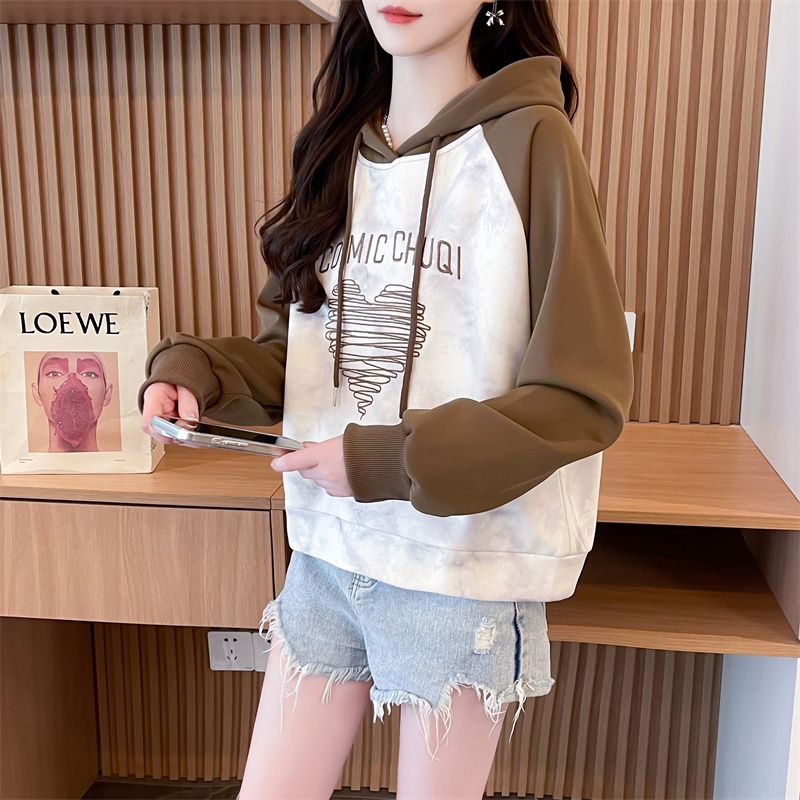 Real shot of 2025 Spring and Autumn Imitation Cotton Hua Cotton Combination Tie-Dye Sweatshirt Women's New Design Small Loose Top