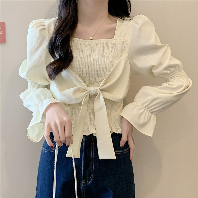 Photographed Fall/Winter French Square Collar Short-Sleeve Women's Fitted Slimming Youthful Bowknot Long-Sleeve Versatile Top