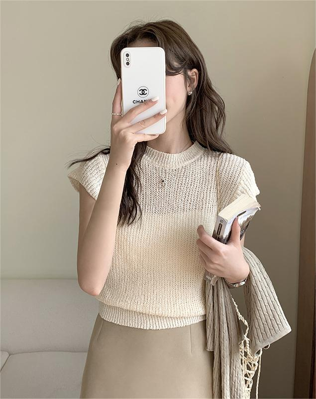 Pink hollow ice silk knitted shoulder short-sleeved T-shirt for women in summer thin small flying sleeves short slim top