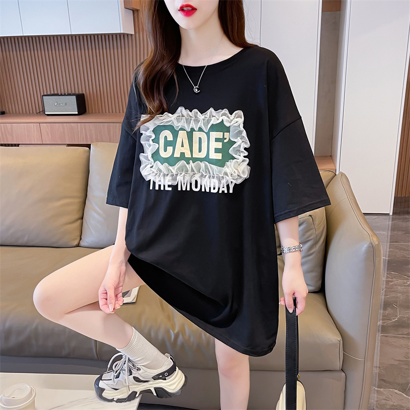 Real-life quality/pure cotton/back collar/broken fungus lace mesh splicing loose short-sleeved T-shirt