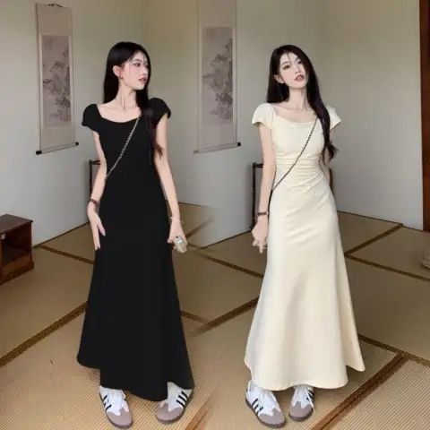 Korean gentle style waist-closing fish bone hip-packing long skirt high-end French waist-pinching dress for women in summer 2025 new style