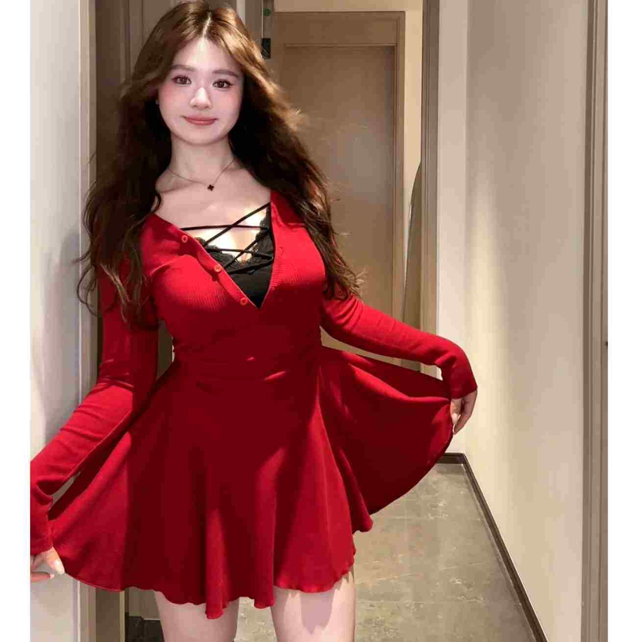 純欲風性感V領蕾絲拼接連衣裙秋冬大碼胖mm修身顯瘦內搭絕美裙子