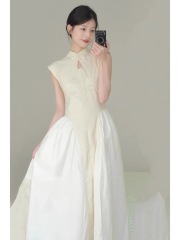 蘭花刺繡新中式連衣裙女夏季2025新款盤扣改良旗袍背心杏色長裙子