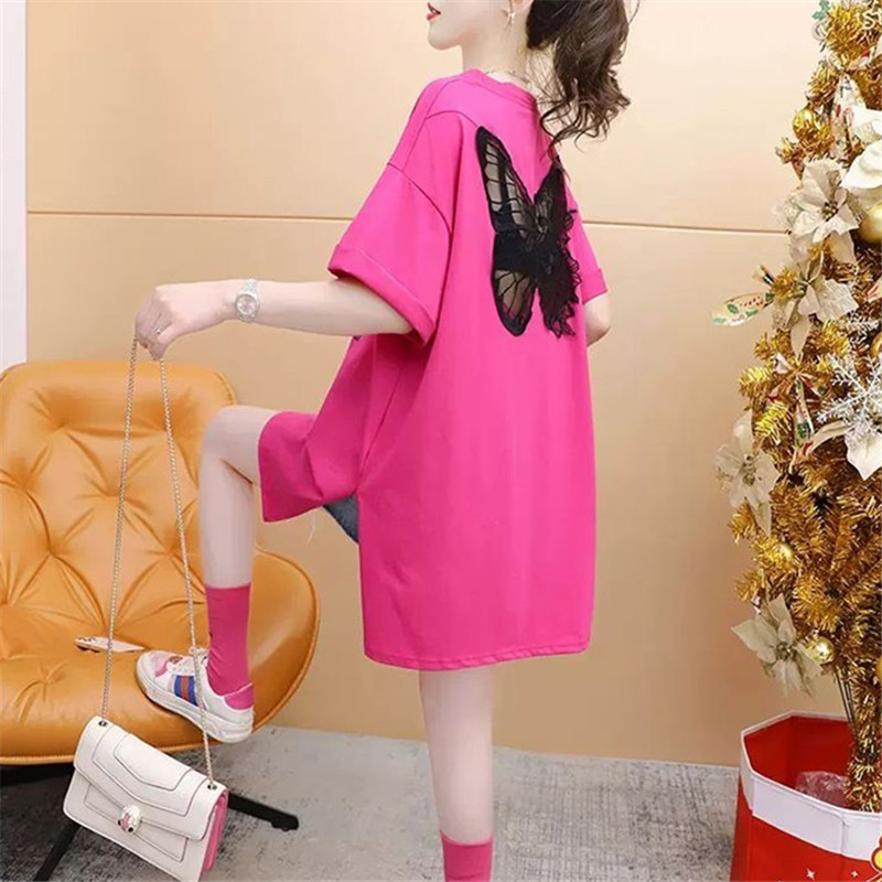 Quality/pure cotton/rear collar/slit hem back lace splicing short-sleeved T-shirt for women