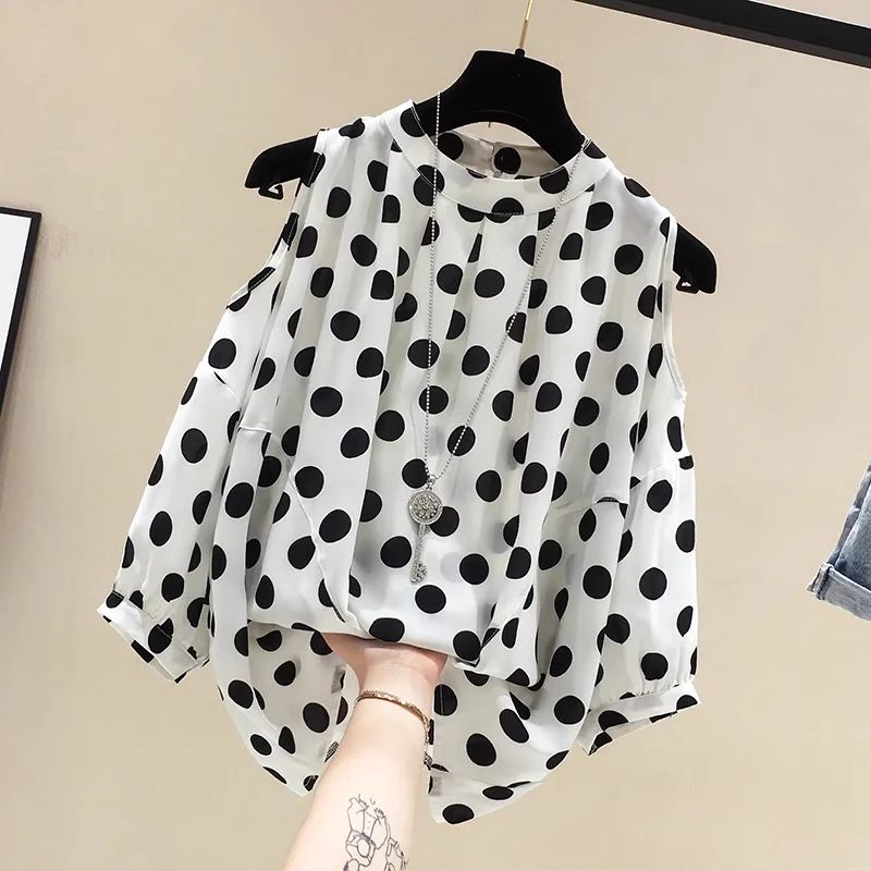 Large size women's summer new style fat girl loose and slimming belly top Polka dot off-shoulder short-sleeved chiffon shirt