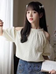 夏季新款氣質流蘇掛脖露肩短袖襯衫女寬鬆顯瘦法式泡泡袖襯衣潮女