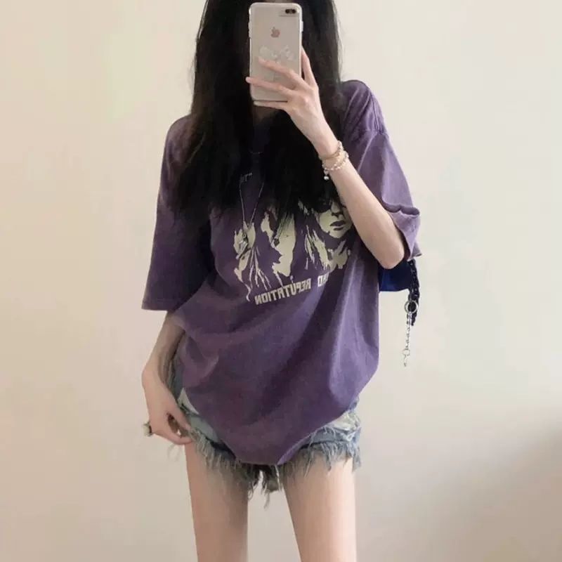 Pure cotton 200g back packing collar, wash water and make aging, short-sleeved T-shirt for women in summer