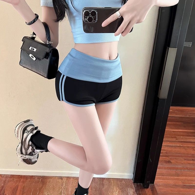 撞色彈力休閒短褲女夏季低腰純欲辣妹緊身打底運動熱褲包臀超短褲