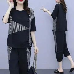 2025年休閒時尚條紋胖MM大碼女裝夏裝套裝洋氣夏天短袖t恤兩件套
