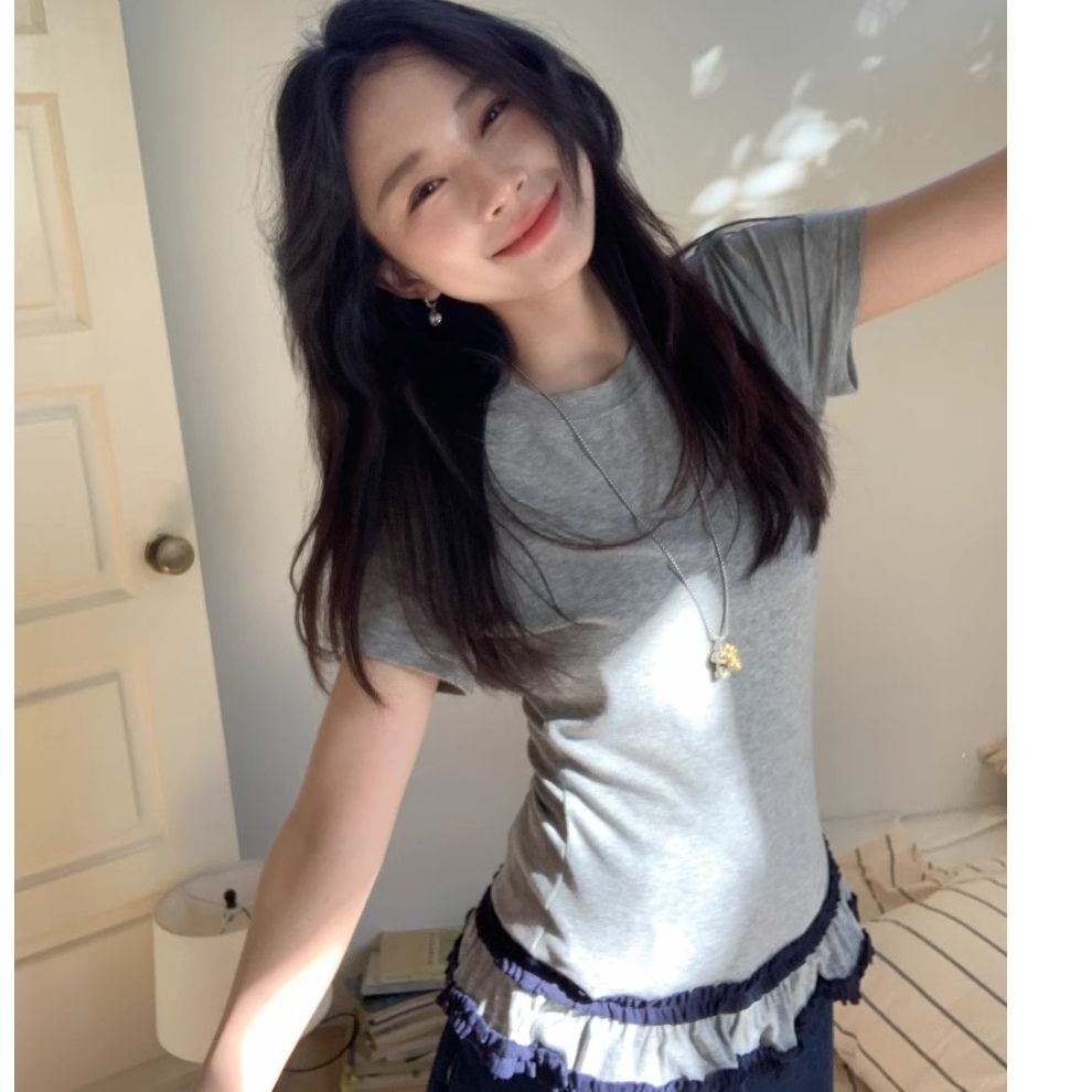 純欲芭蕾風荷葉邊圓領正肩短袖T恤女夏季小個子辣妹內搭上衣