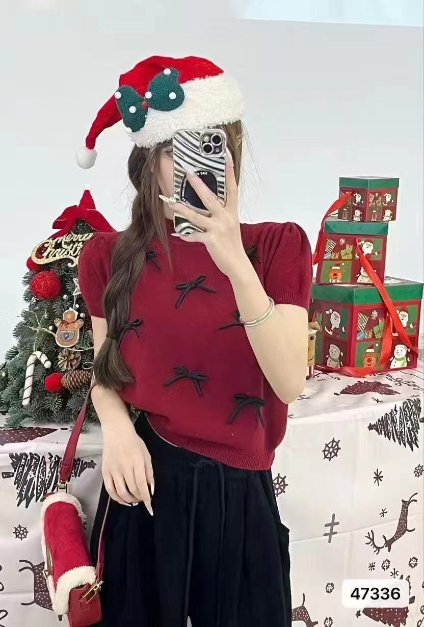 2025 spring and summer new bow lace edge lady young woman gentle little fresh literary pastoral ins trendy knitted on Y