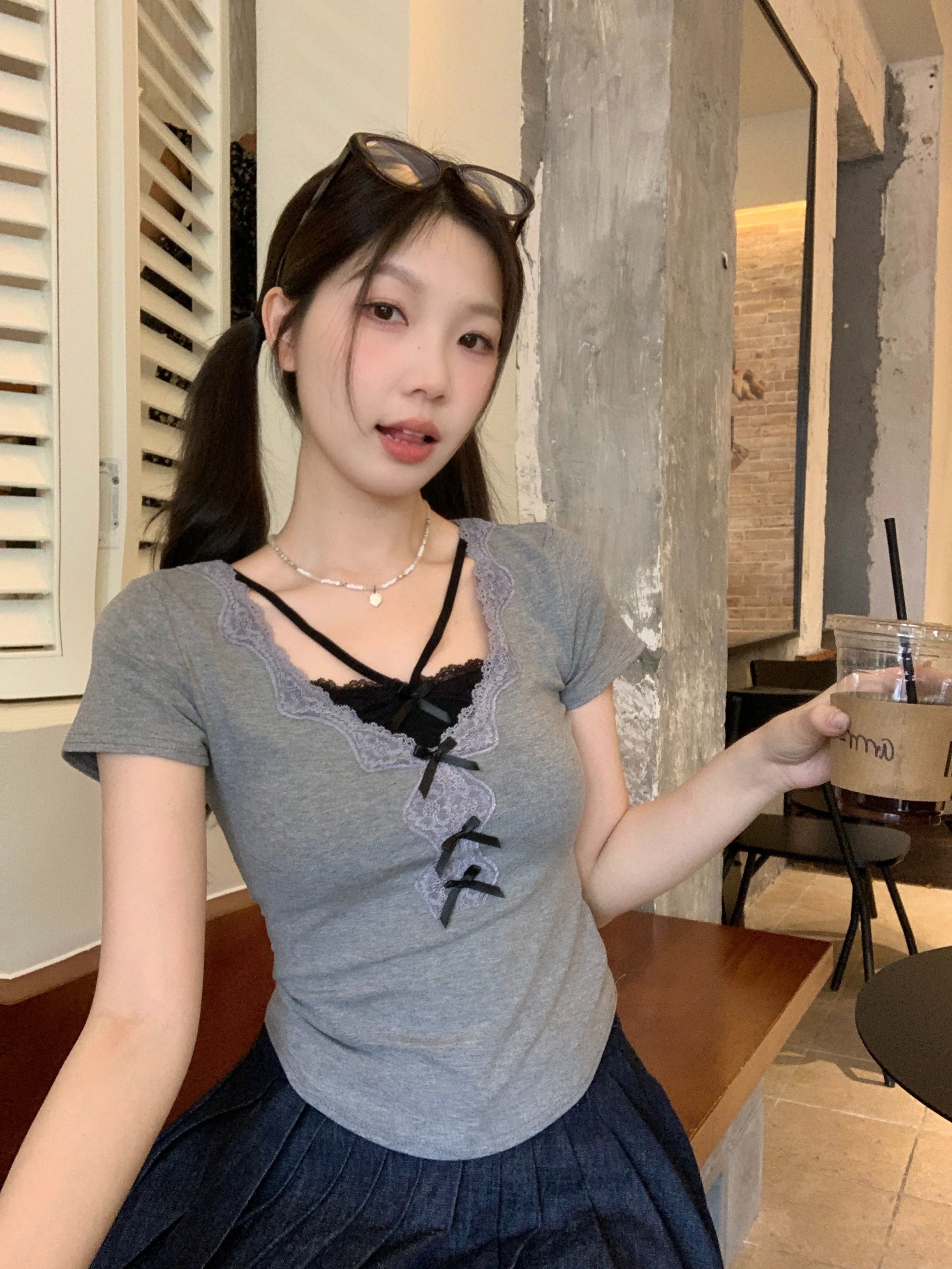 Rib fake two pieces bow short-sleeved v-neck T-shirt slim hot girl top