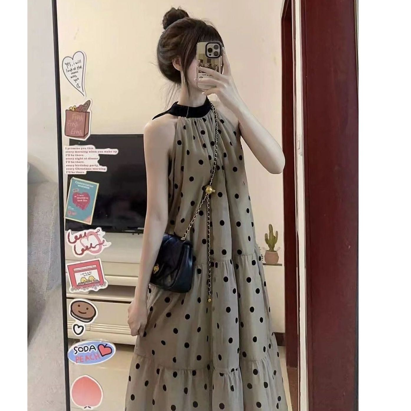 French halter neck polka dot dress for women in summer new style seaside vacation small sleeveless temperament long skirt