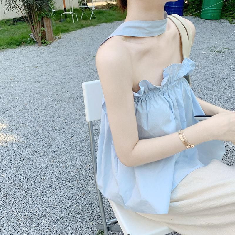 一字肩上衣高級感女2025春夏新款設計感小眾木耳邊吊帶背心女外穿