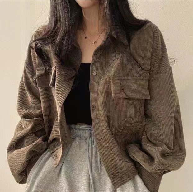 韓國chic秋季法式復古百搭單排扣翻領短款燈芯絨襯衫長袖外套女潮