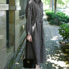 New cotton and linen high-end design striped dress with large size loose flesh to make it look slim and over-knee skirt