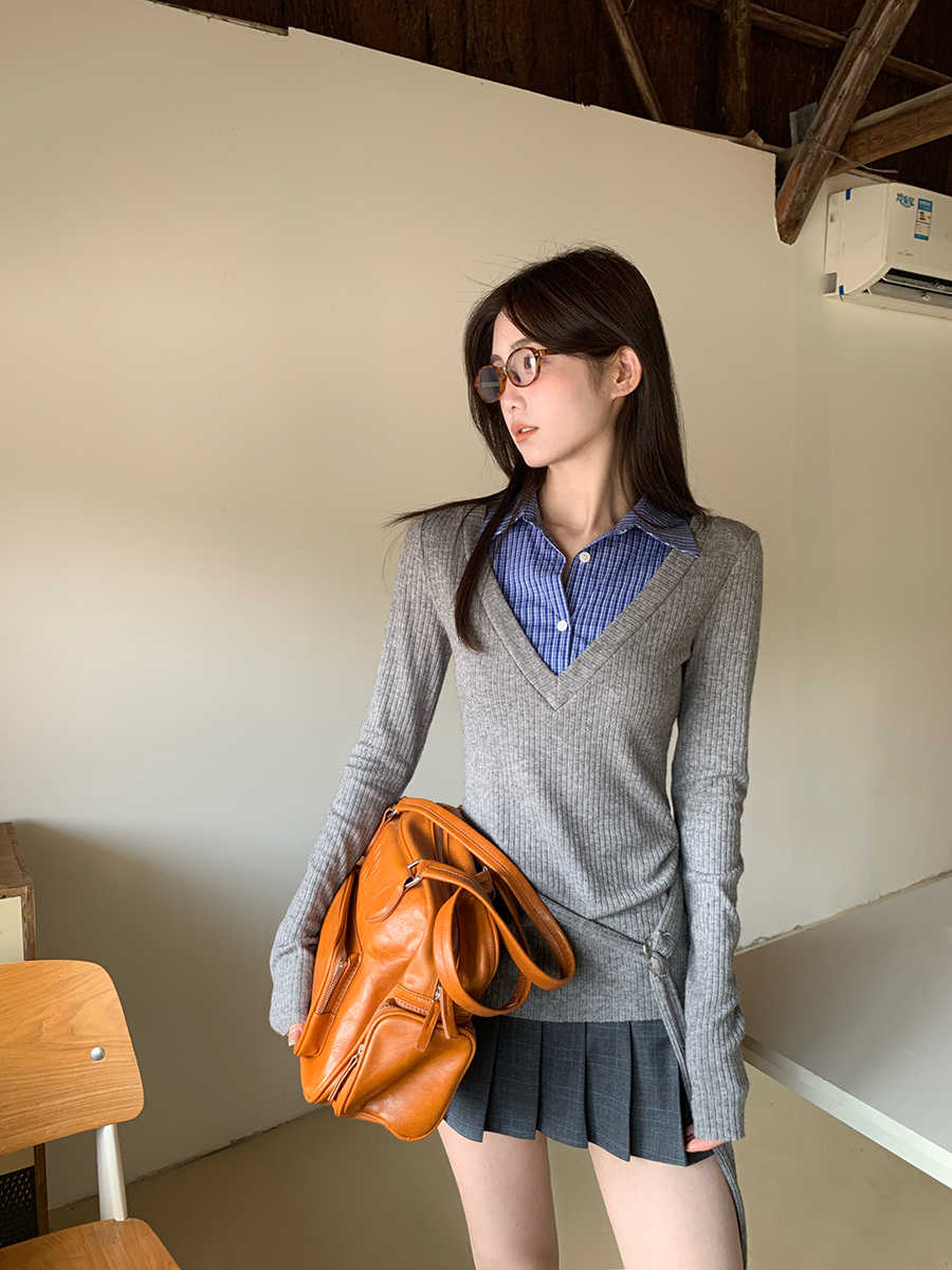 polo領格子拼接假兩件針織衫女春季修身收腰打底衫灰色上衣